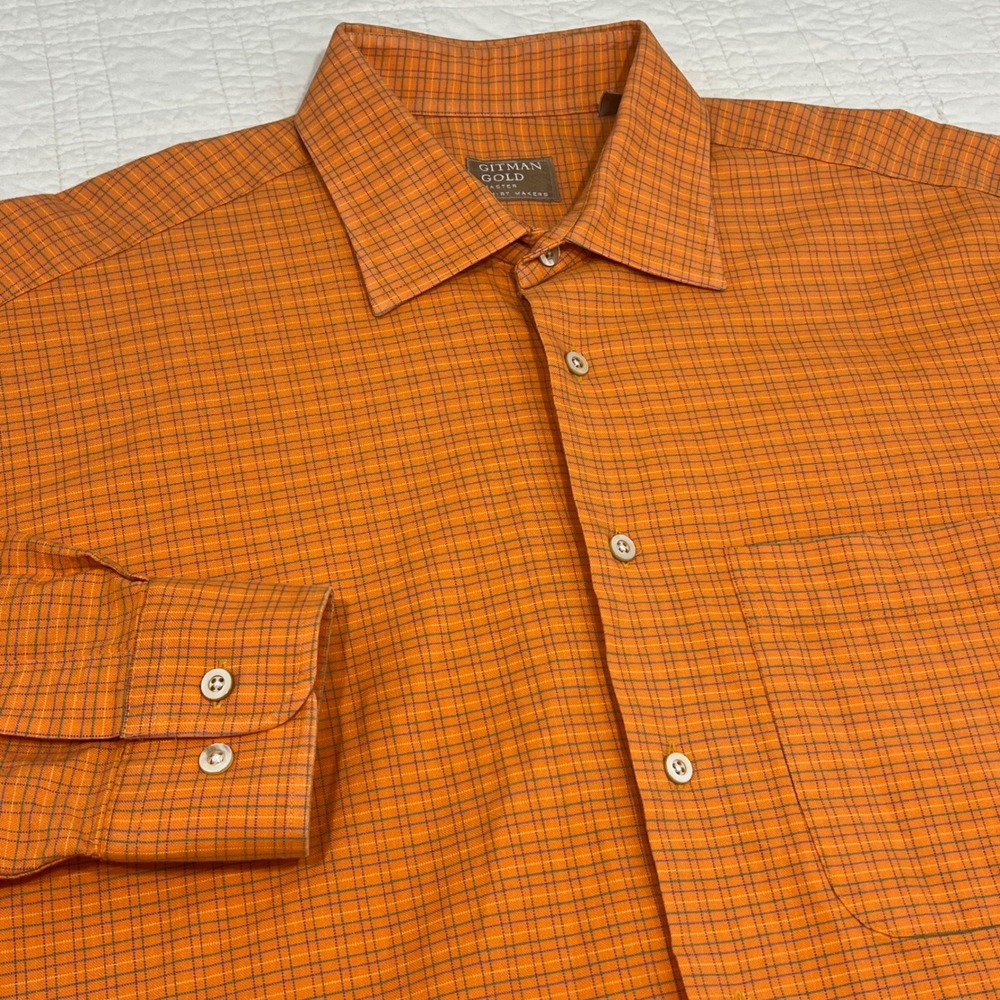 Gitman Gold Mens Large Orange Plaid Cotton Button Up Dress Shirt Made in USA